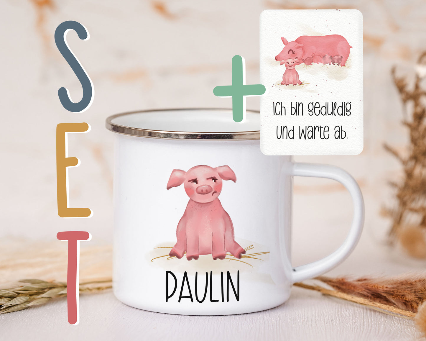 Emaille Tasse personalisiert - Schweinchen