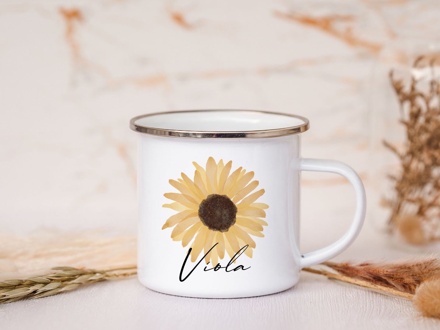 Emaille Tasse personalisiert - Sonnenblume