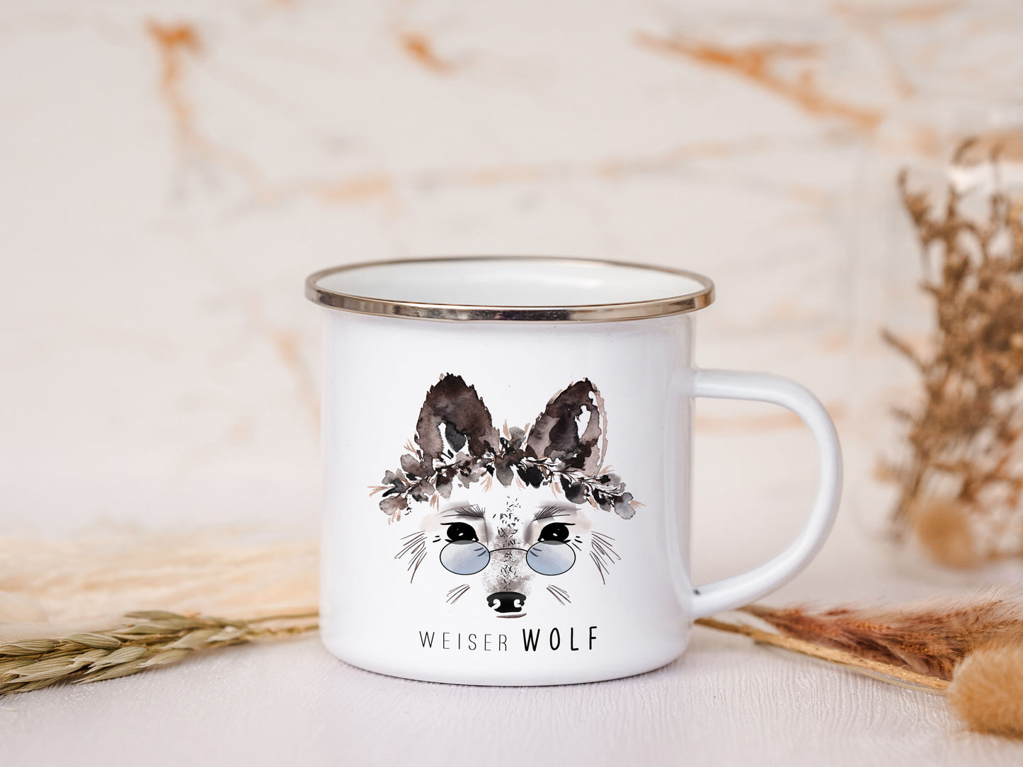 Emaille Tasse - Wolf "Weiser Wolf"