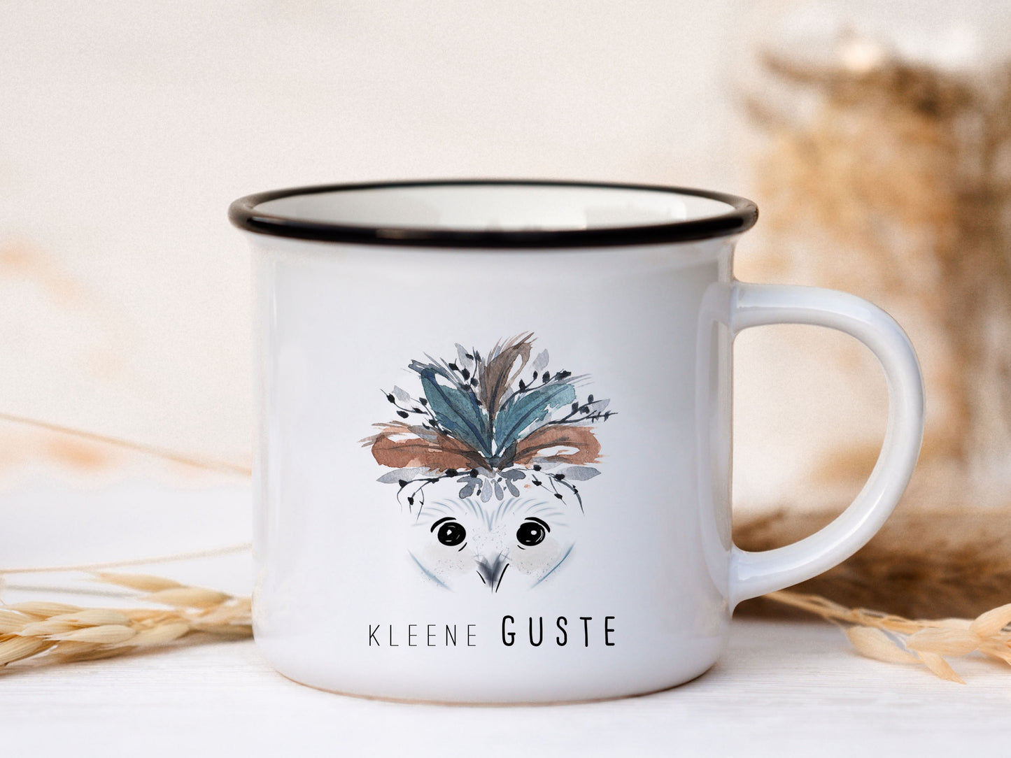 Keramik Emaille-Look Tasse - Eule "kleene Guste"
