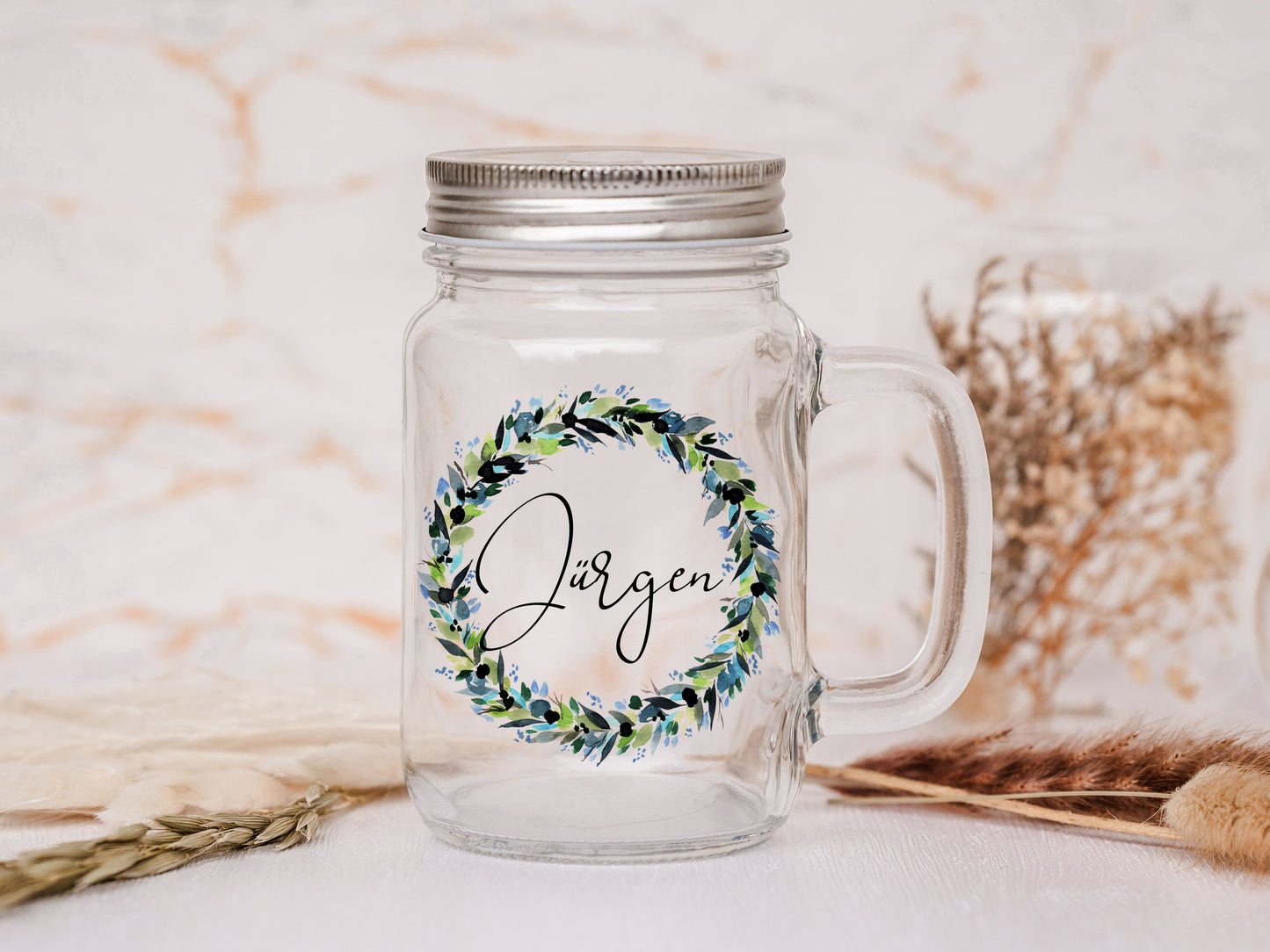 Henkelglas Kranz blau - personalisiert