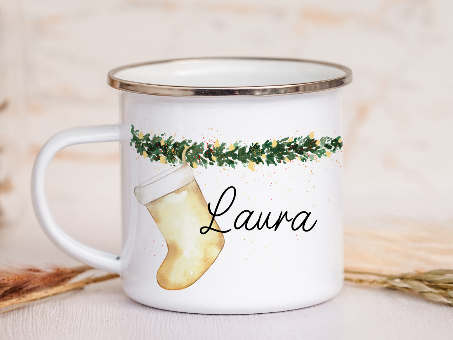 Emaille Tasse personalisiert - Weihnachtsstrumpf
