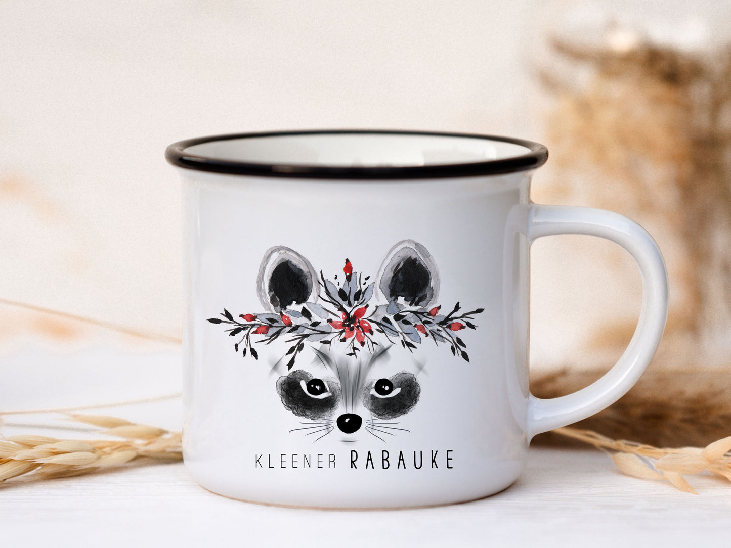 Keramik Emaille-Look Tasse - Waschbär "kleener Rabauke"