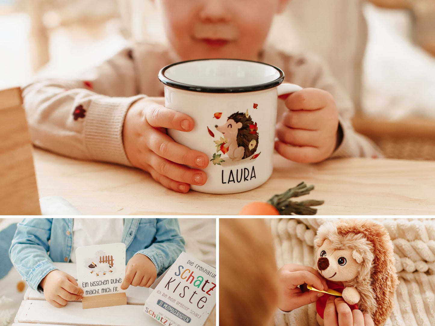 SPARER BUNDLE . Igel-Set, 31 Mutmachkarten "Schatzkiste" & personalisierte Tasse