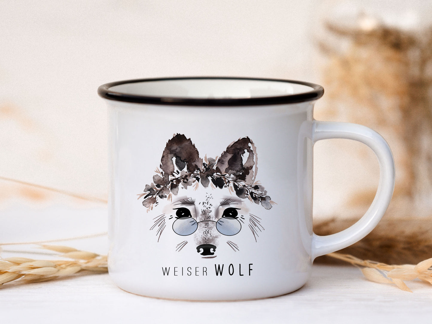 Keramik Emaille-Look Tasse - Wolf "weiser Wolf"