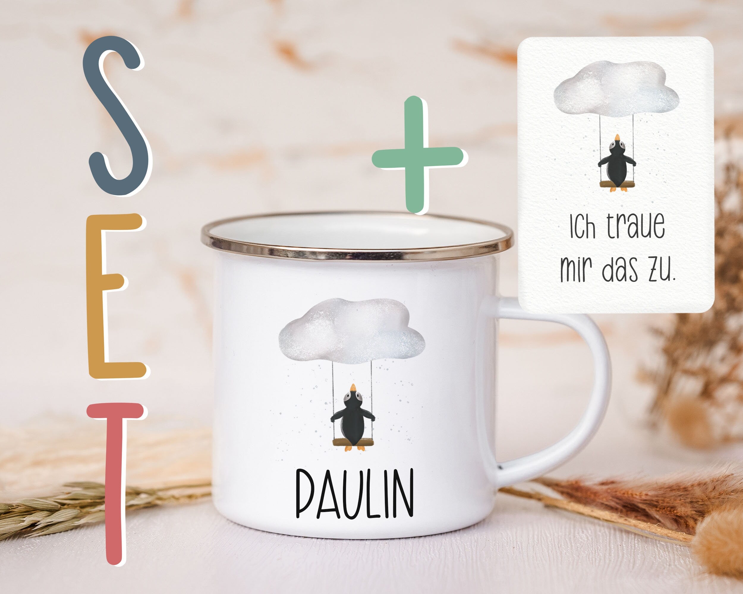 Emaille Tasse personalisiert - Pinguin