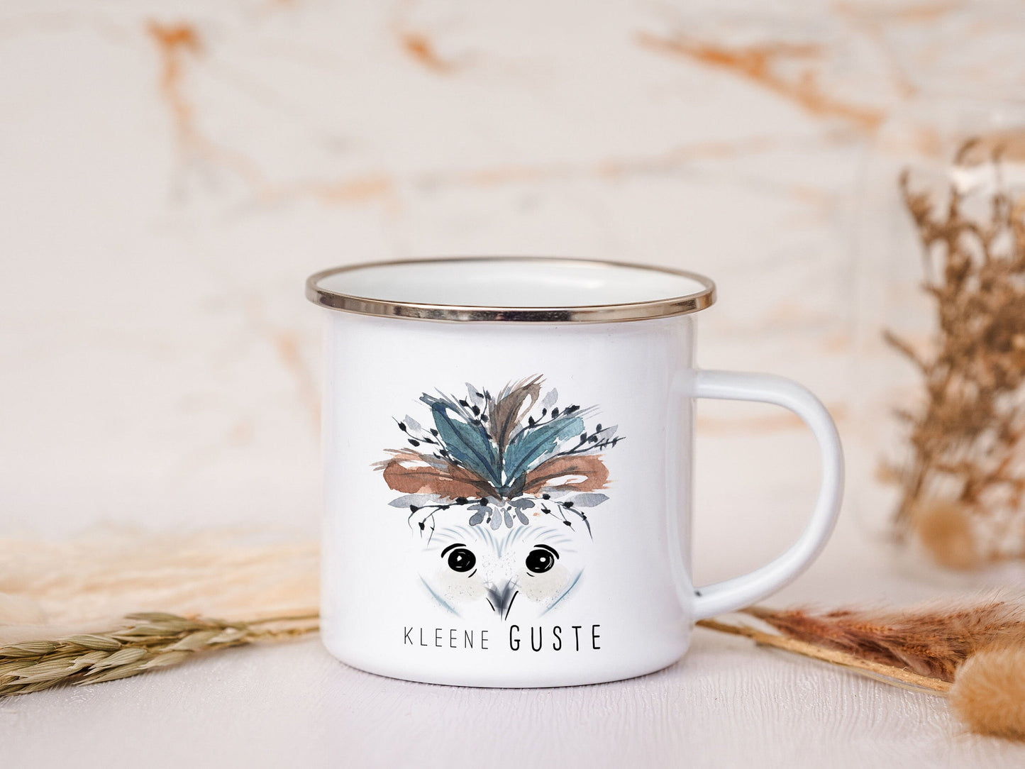 Emaille Tasse personalisiert - Eule "kleene Guste"