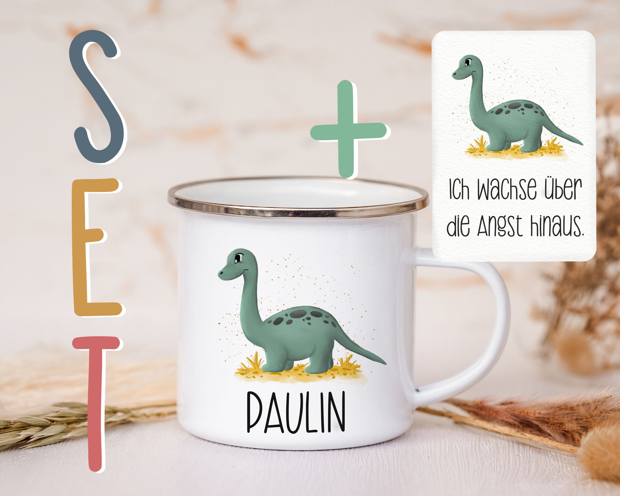 Emaille Tasse personalisiert - Dino