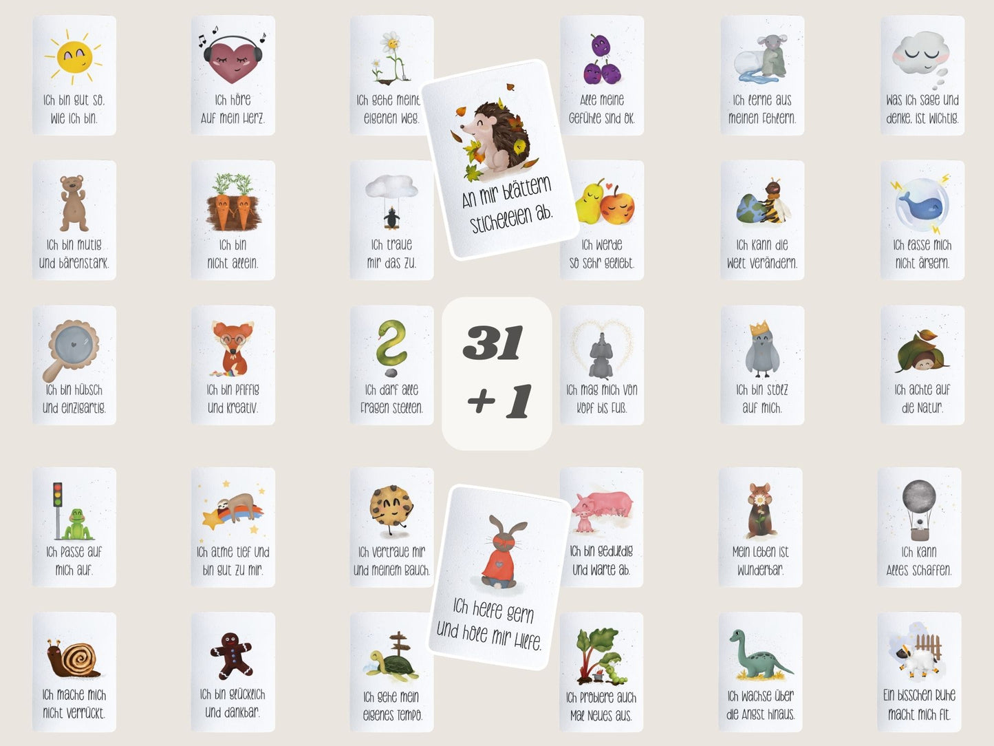 SPARER BUNDLE . Igel-Set, 31 Mutmachkarten "Schatzkiste" & personalisierte Tasse