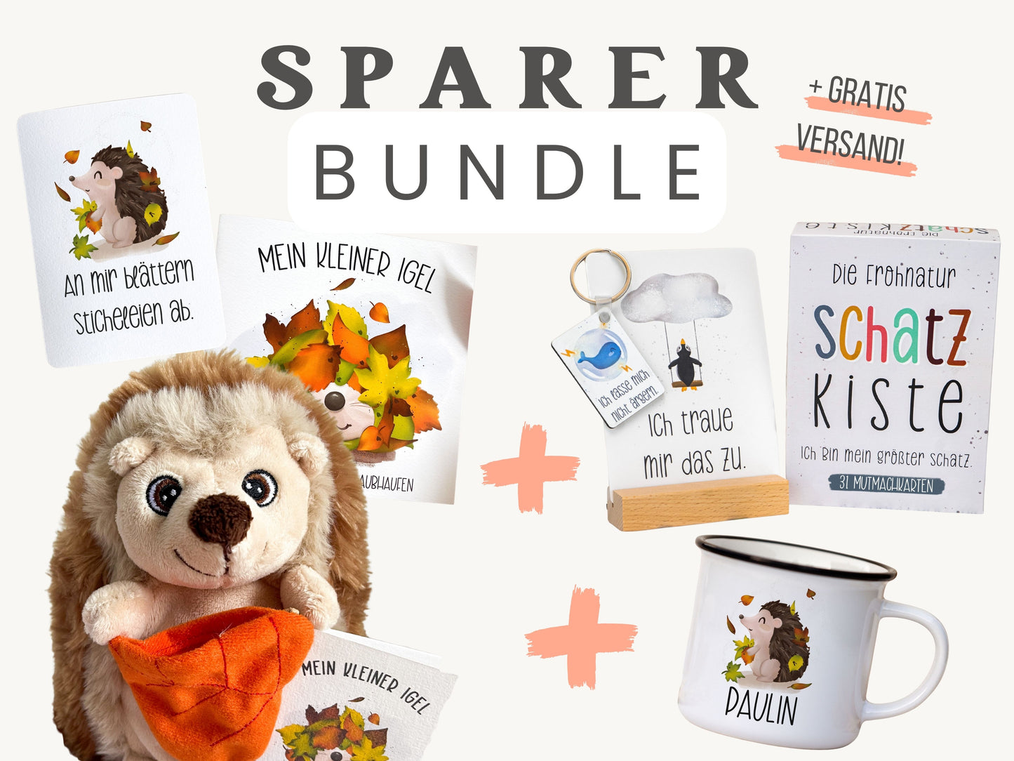 SPARER BUNDLE . Igel-Set, 31 Mutmachkarten "Schatzkiste" & personalisierte Tasse