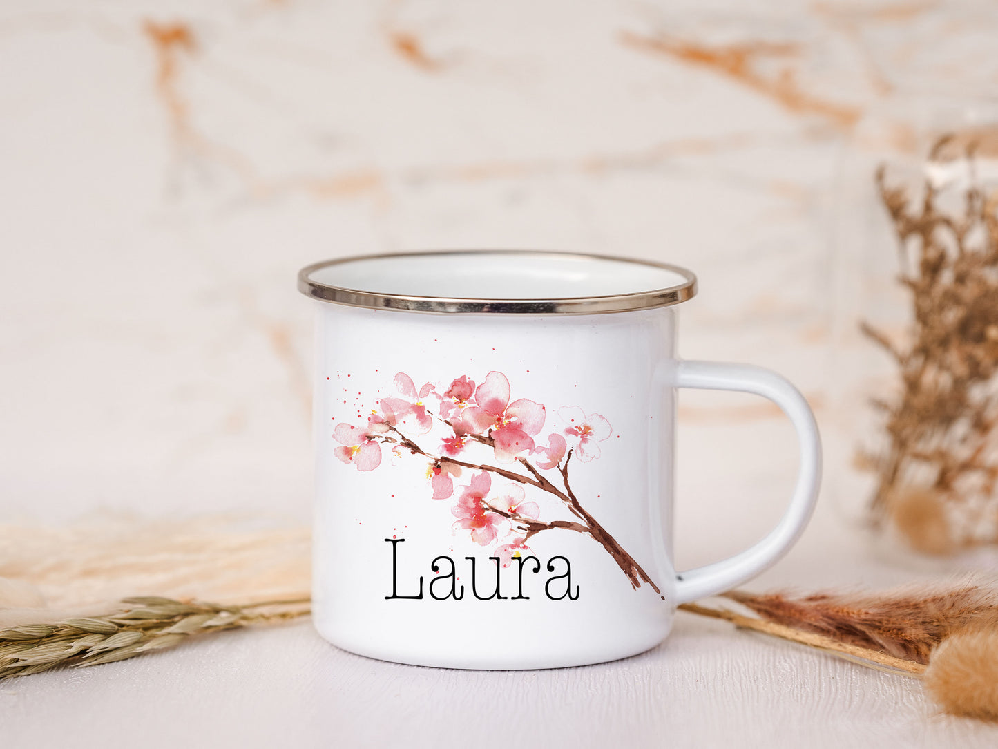 Emaille Tasse personalisiert - Kirschblüten