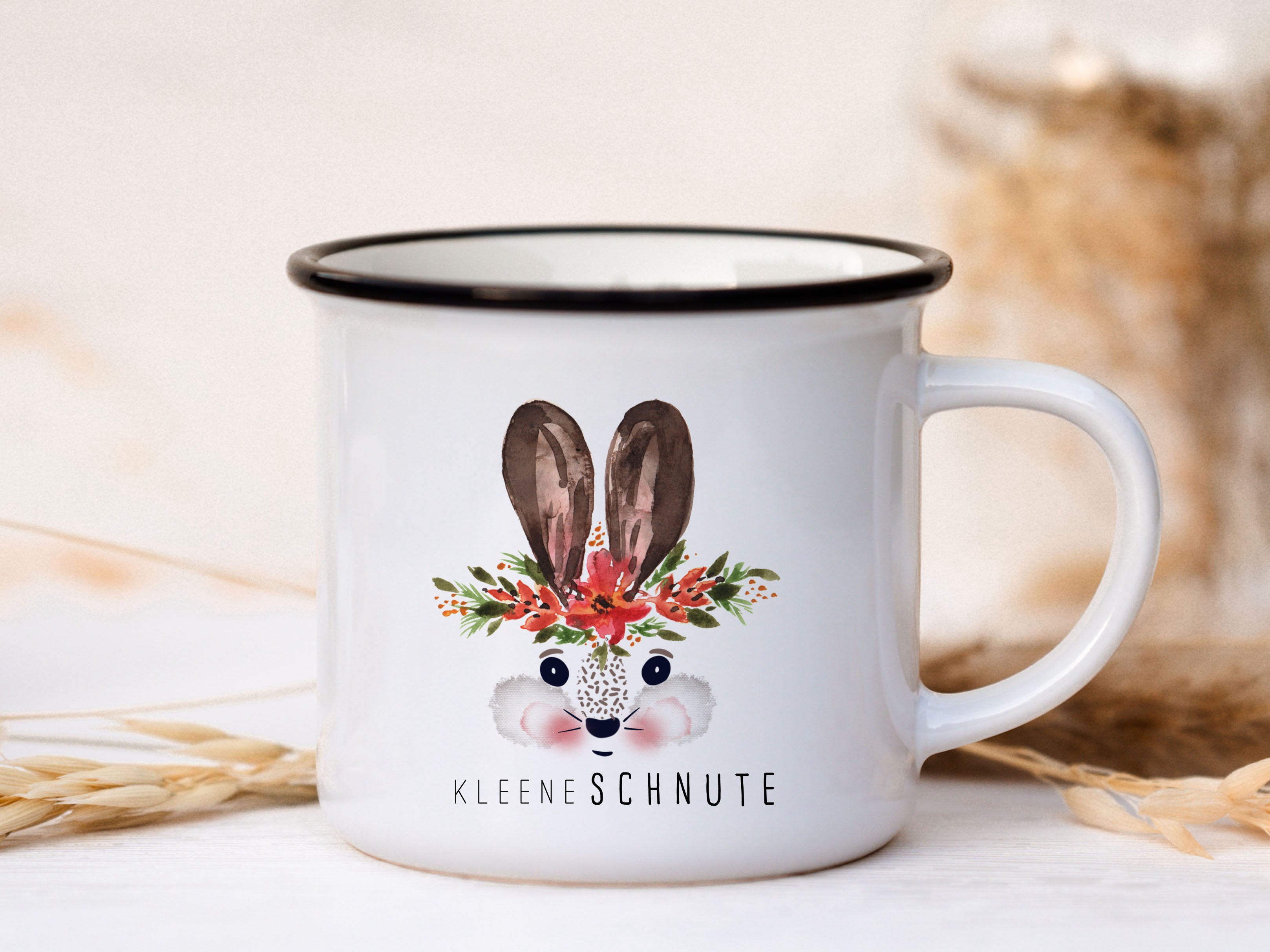 Keramik Emaille-Look Tasse personalisiert - Hase "kleene Schnute"