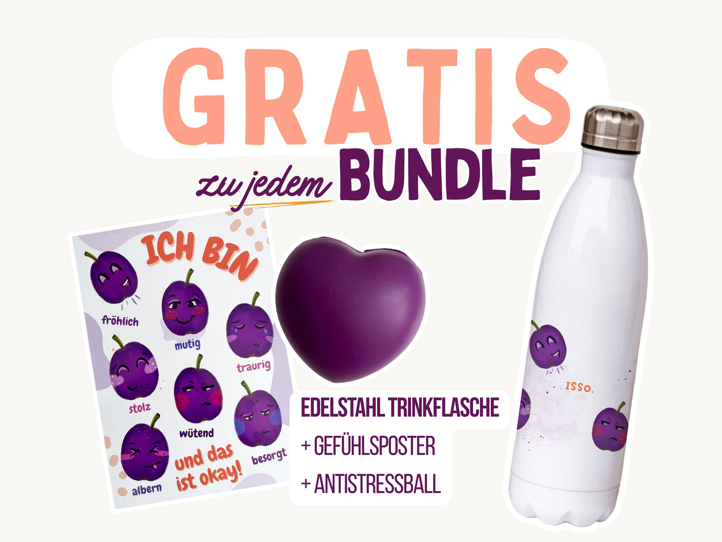 Edelstahl Trinkflasche mit Gefühlsposter & Antistressball
