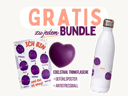 Edelstahl Trinkflasche mit Gefühlsposter & Antistressball