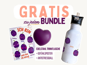 Edelstahl Trinkflasche mit Gefühlsposter & Antistressball