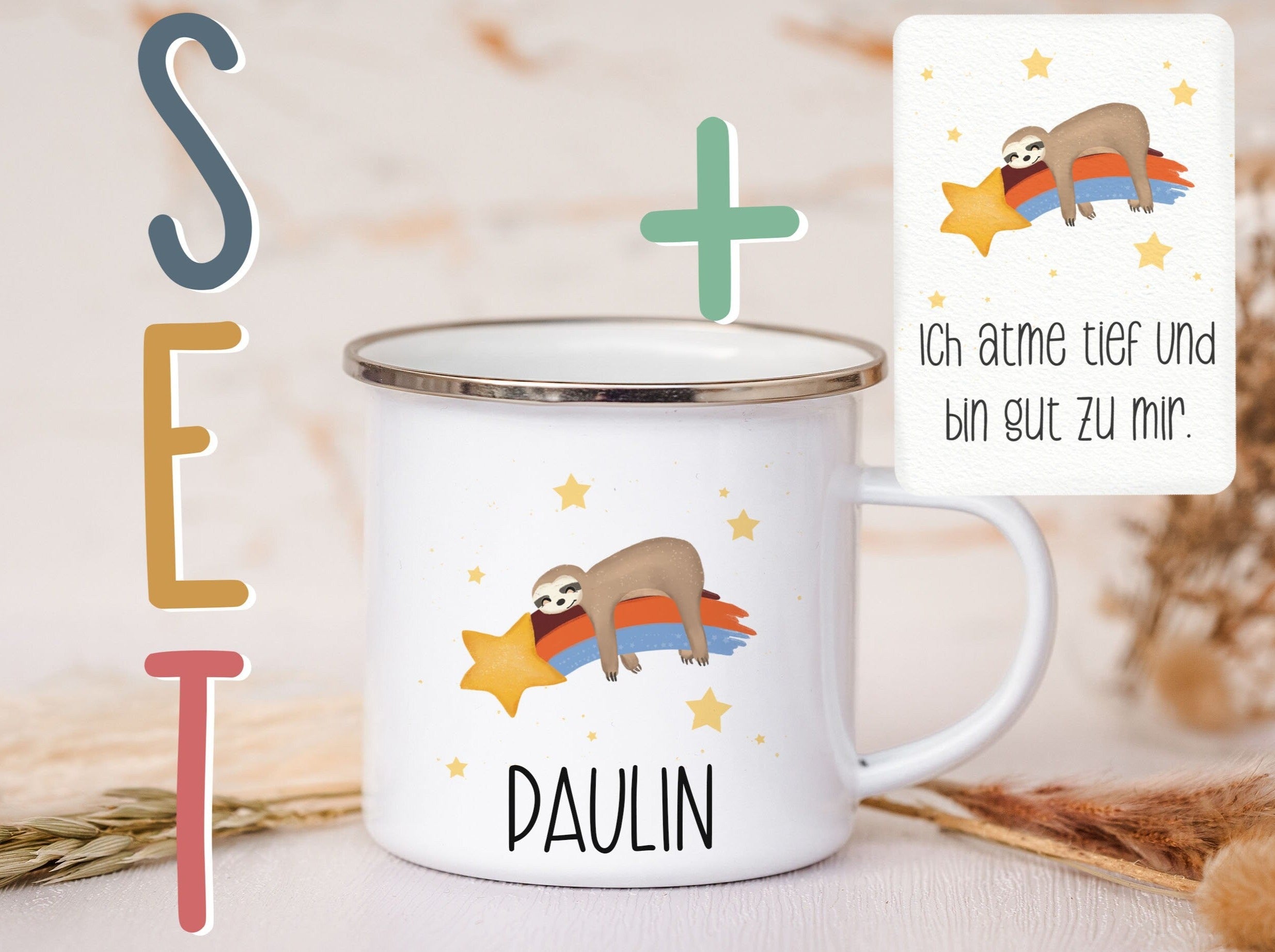 Emaille Tasse personalisiert - Faultier