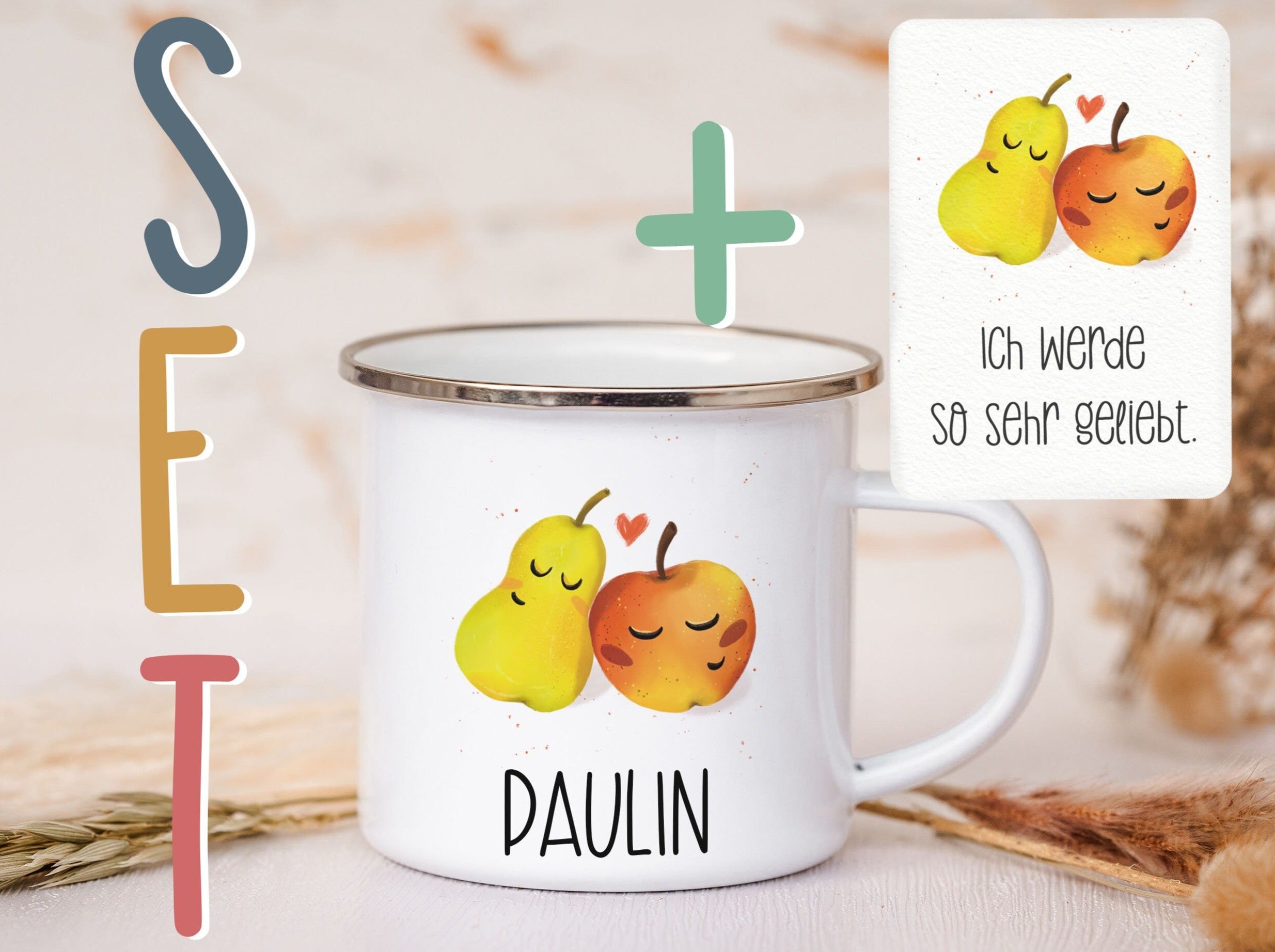 Emaille Tasse personalisiert - Früchte