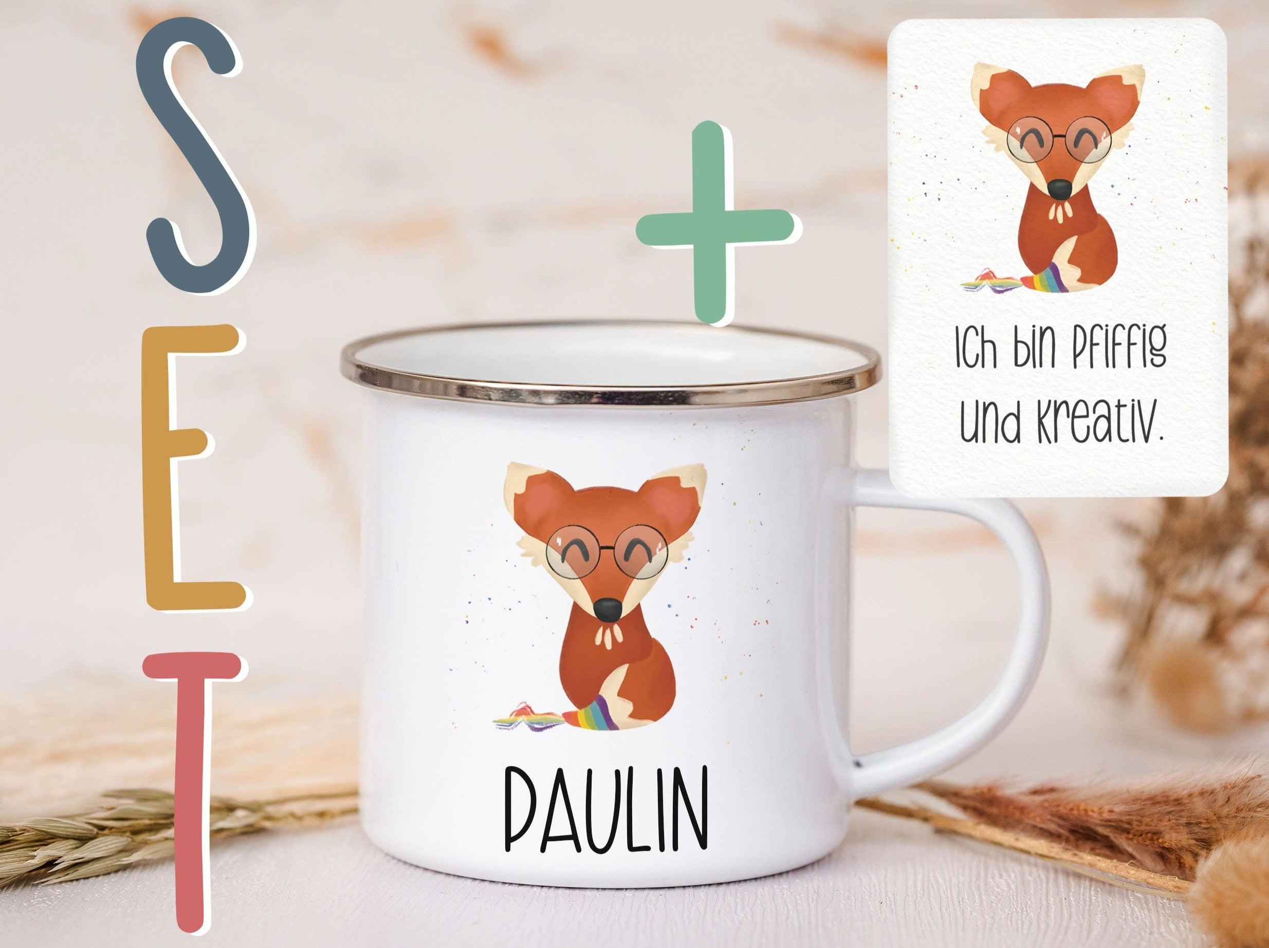 Emaille Tasse personalisiert - Fuchs