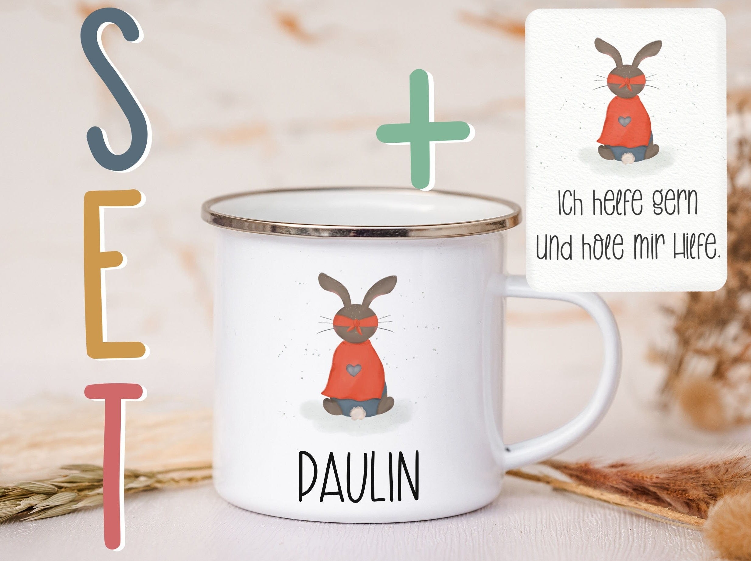 Emaille Tasse personalisiert - Hase