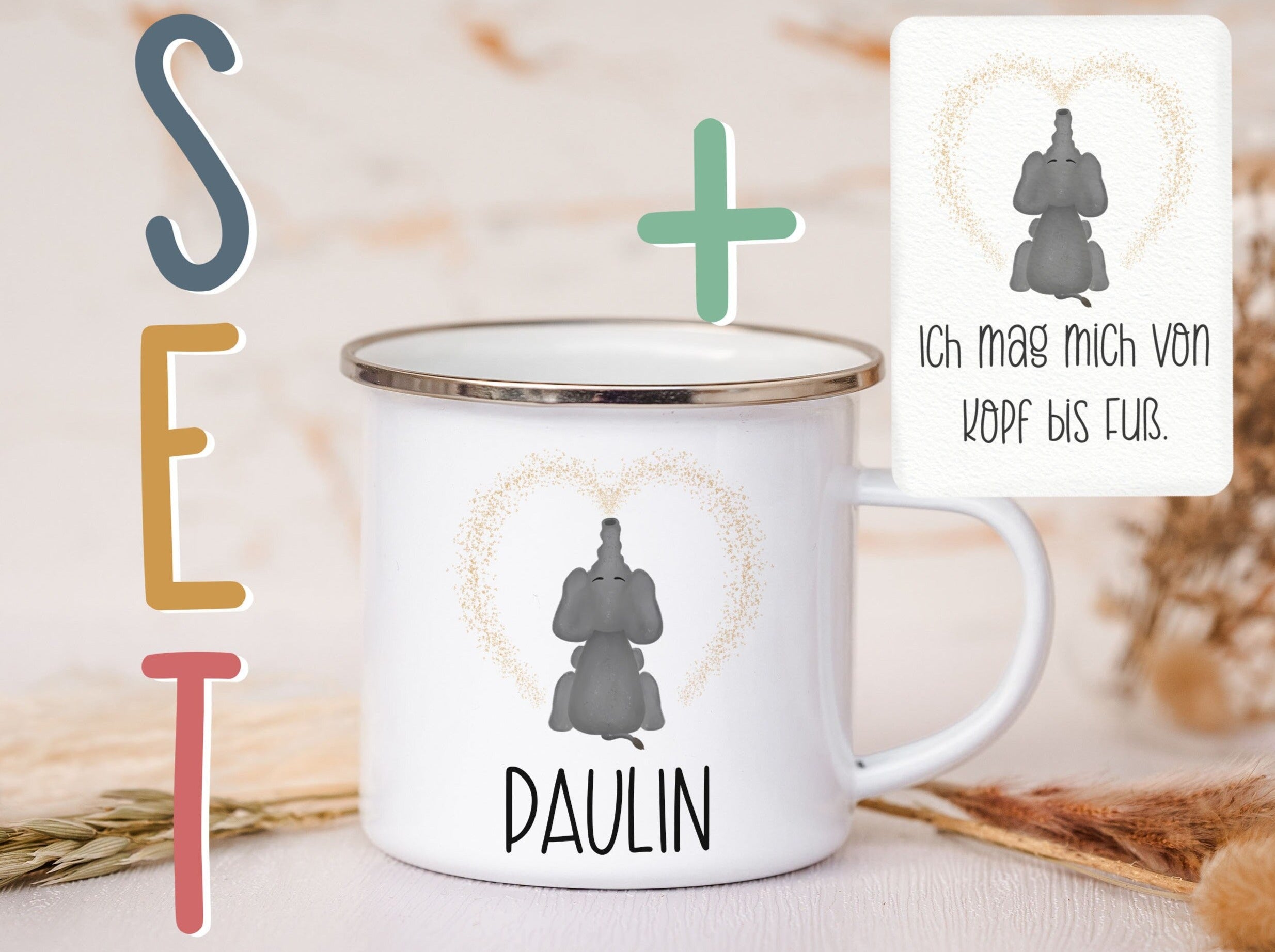 Emaille Tasse personalisiert - Elefant